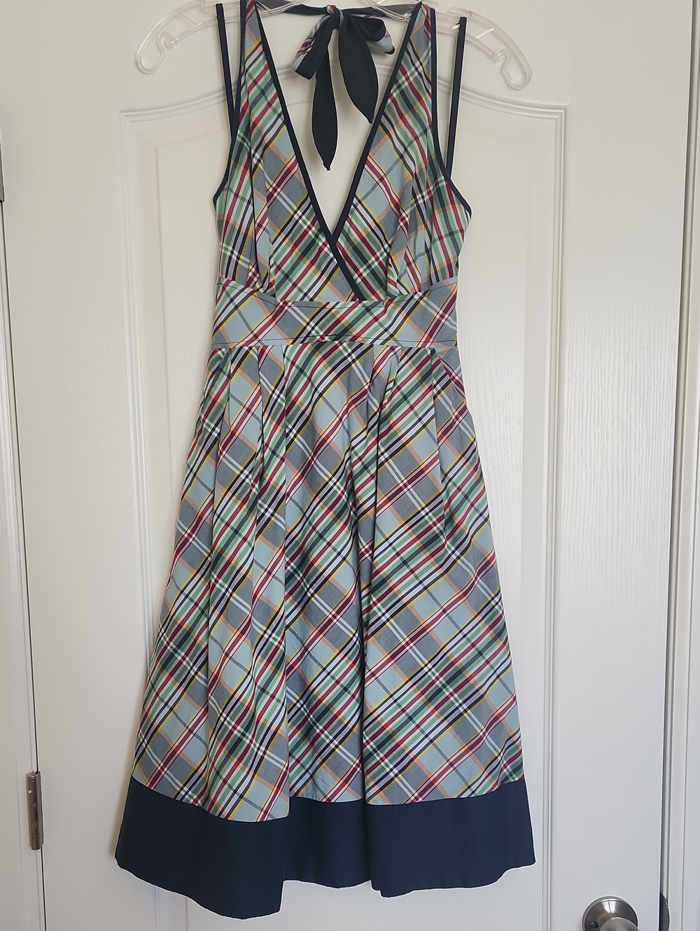 Maeve Plaid Halter Midi Dress in Light Blue with Navy Trim